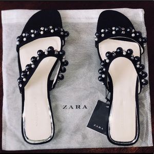 Zara shoes — flat sandals. Black and pearl details